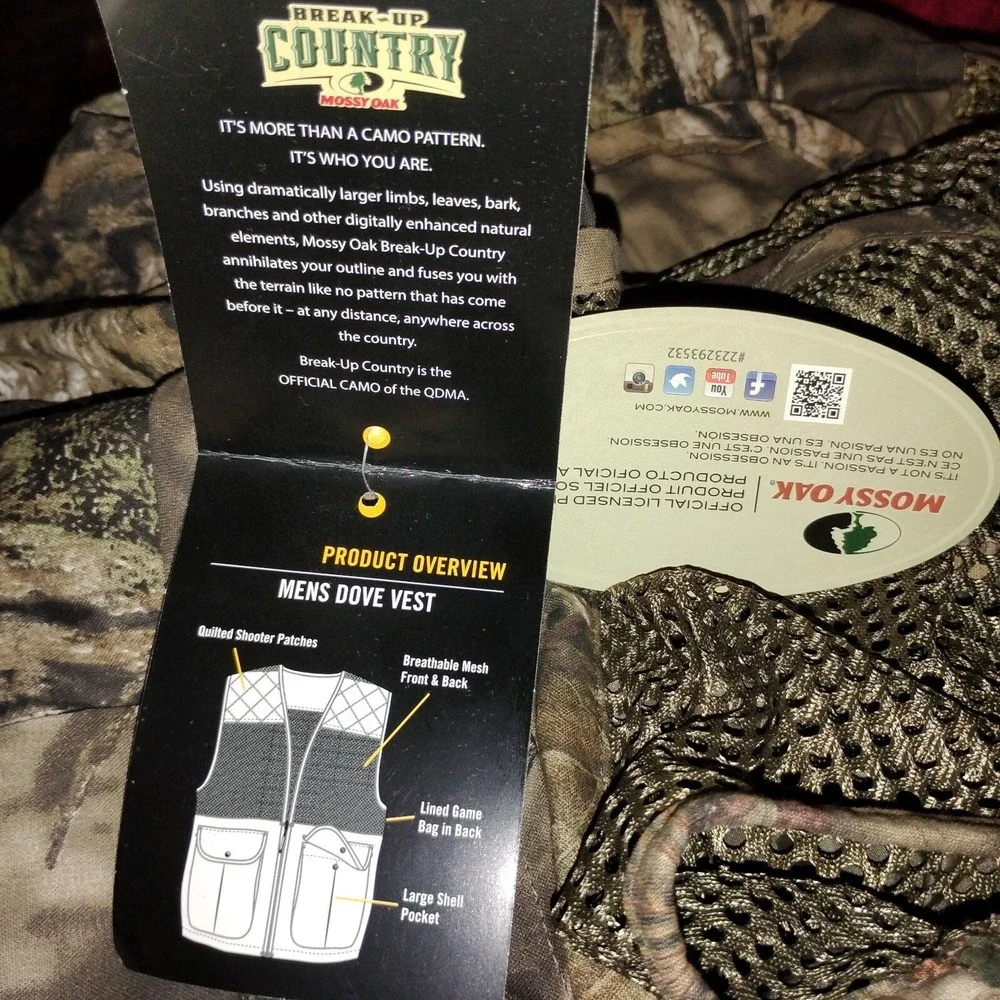 Mossy Oak Mens Dove Vest XL/2XL Break Up Country Camo Game Bag‎ Breathable NWT